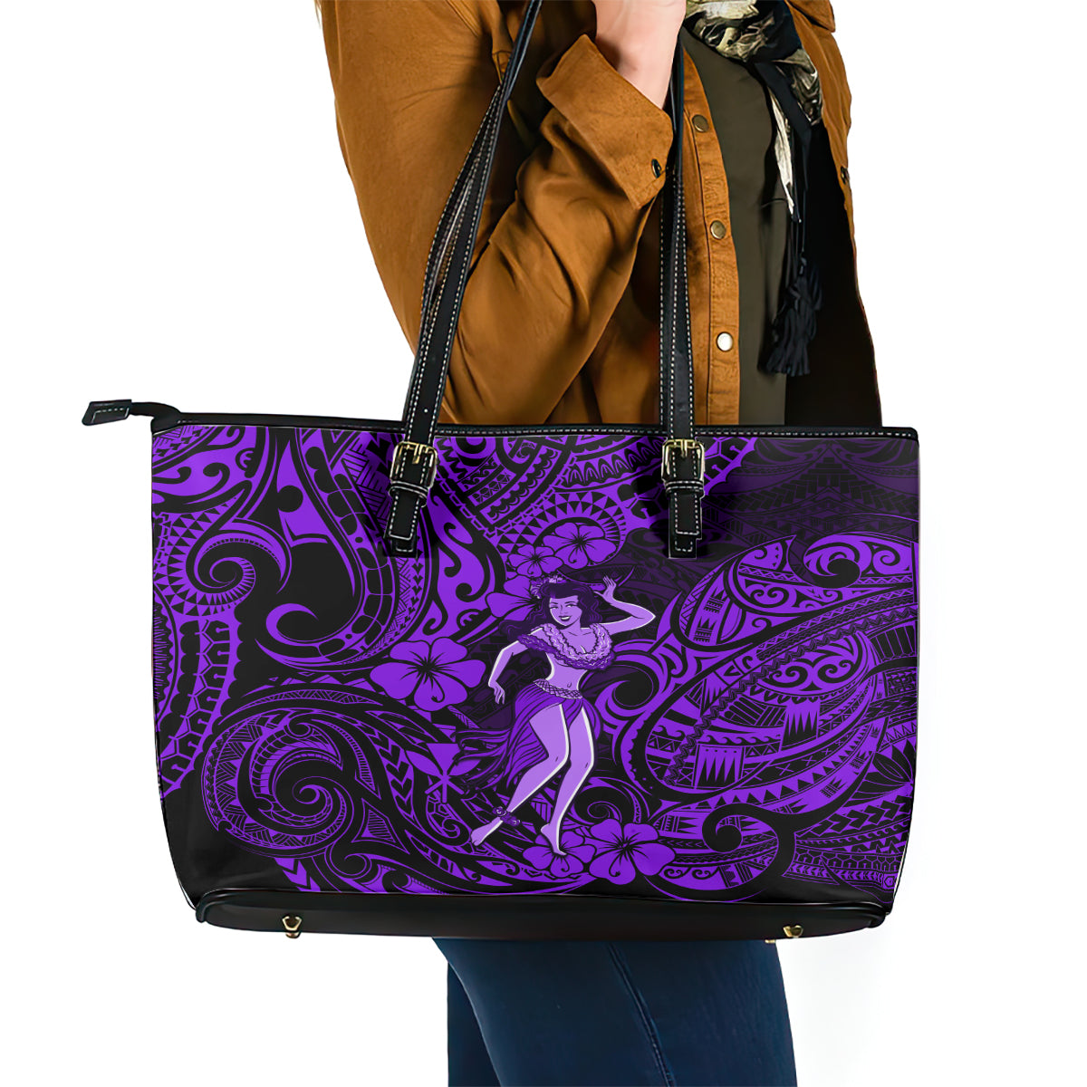 Hawaii Hula Girl Leather Tote Bag Hibiscus Hawaii Tribal Tattoo Purple Version - Wonder Print Shop