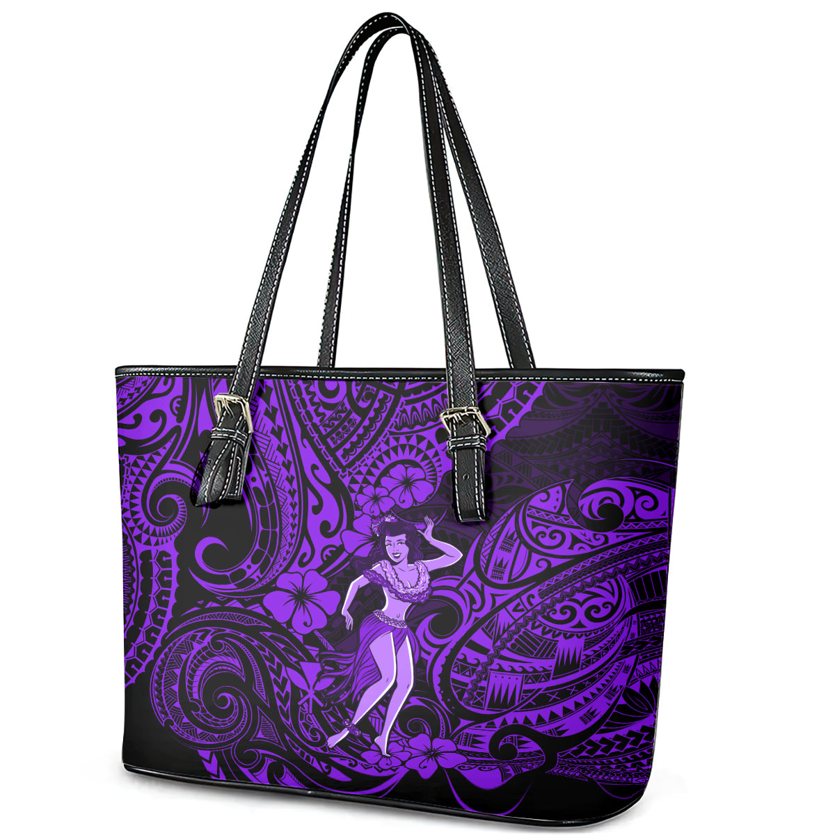 Hawaii Hula Girl Leather Tote Bag Hibiscus Hawaii Tribal Tattoo Purple Version - Wonder Print Shop