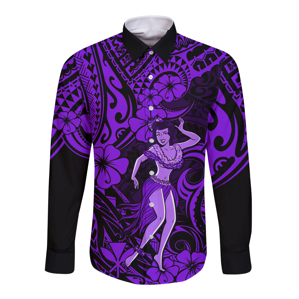 Hawaii Hula Girl Long Sleeve Button Shirt Hibiscus Hawaii Tribal Tattoo Purple Version - Wonder Print Shop