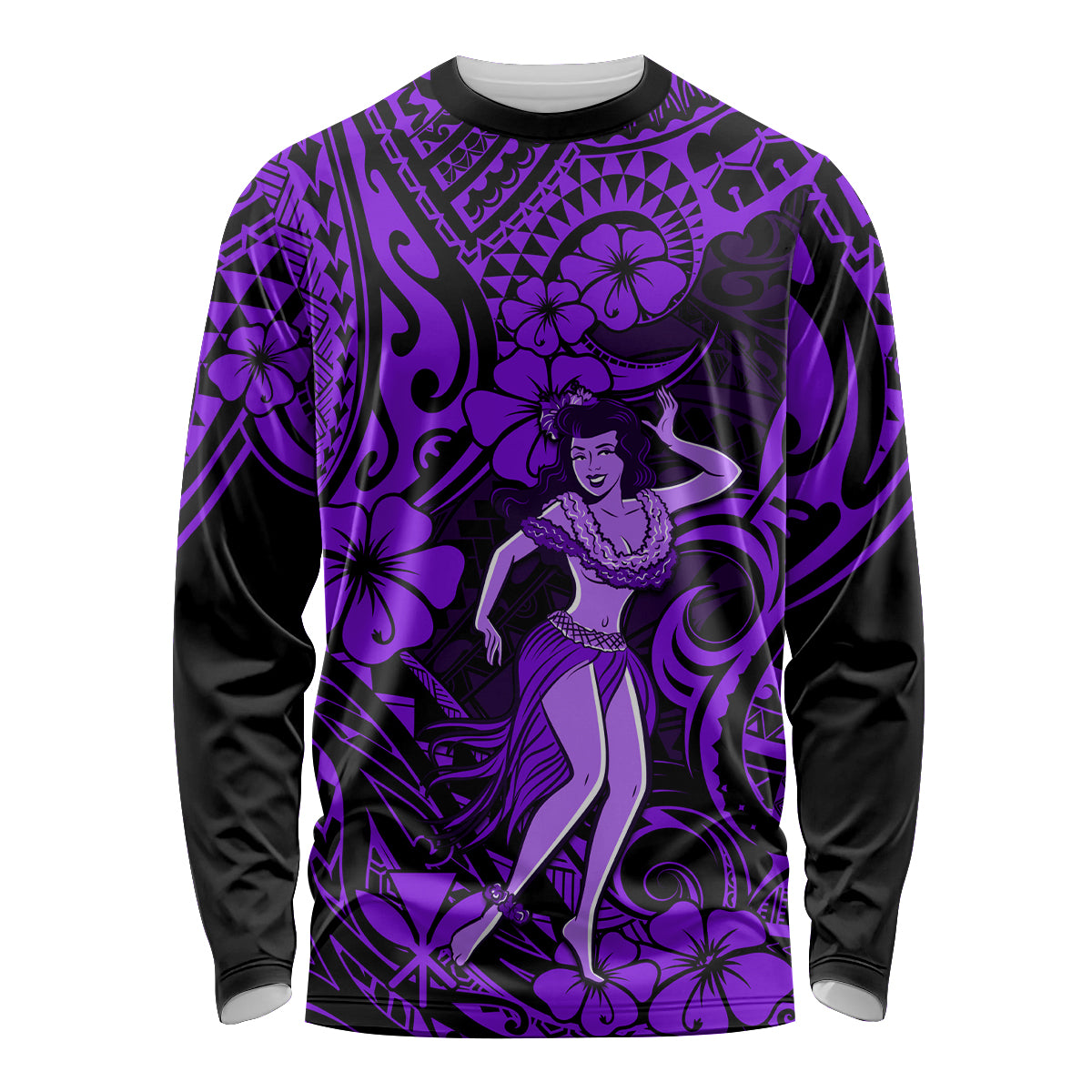 Hawaii Hula Girl Long Sleeve Shirt Hibiscus Hawaii Tribal Tattoo Purple Version - Wonder Print Shop