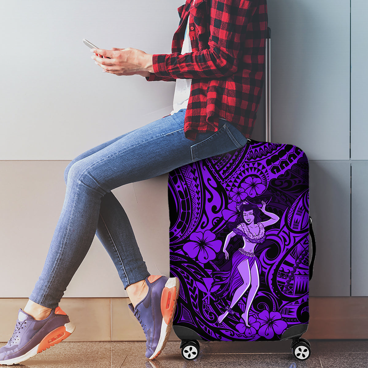 Hawaii Hula Girl Luggage Cover Hibiscus Hawaii Tribal Tattoo Purple Version - Wonder Print Shop