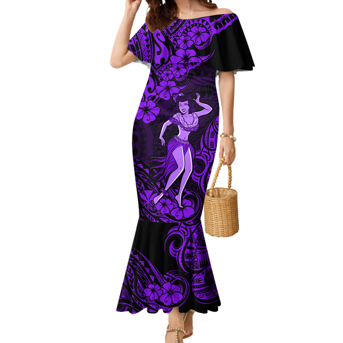 Hawaii Hula Girl Mermaid Dress Hibiscus Hawaii Tribal Tattoo Purple Version - Wonder Print Shop