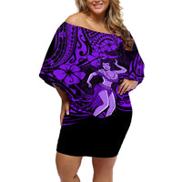 Hawaii Hula Girl Off Shoulder Short Dress Hibiscus Hawaii Tribal Tattoo Purple Version - Wonder Print Shop