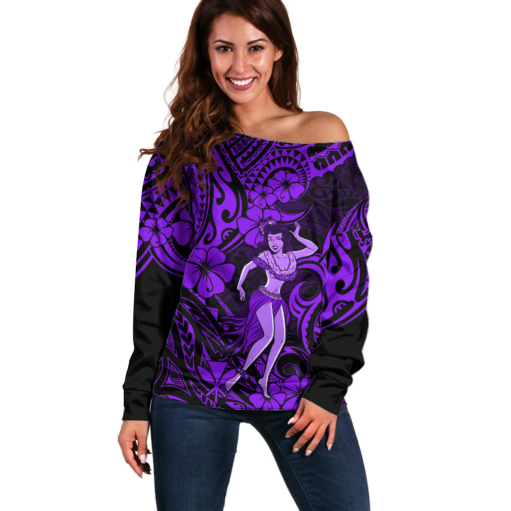 Hawaii Hula Girl Off Shoulder Sweater Hibiscus Hawaii Tribal Tattoo Purple Version - Wonder Print Shop