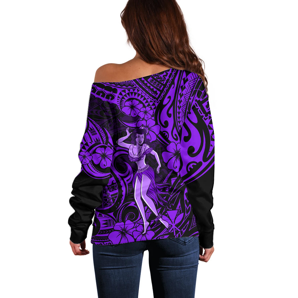 Hawaii Hula Girl Off Shoulder Sweater Hibiscus Hawaii Tribal Tattoo Purple Version - Wonder Print Shop