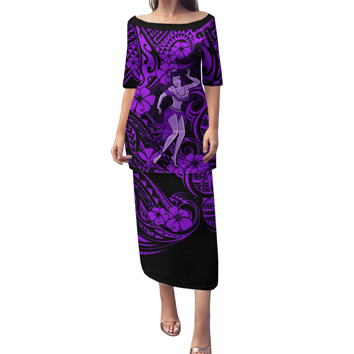 Hawaii Hula Girl Puletasi Hibiscus Hawaii Tribal Tattoo Purple Version - Wonder Print Shop