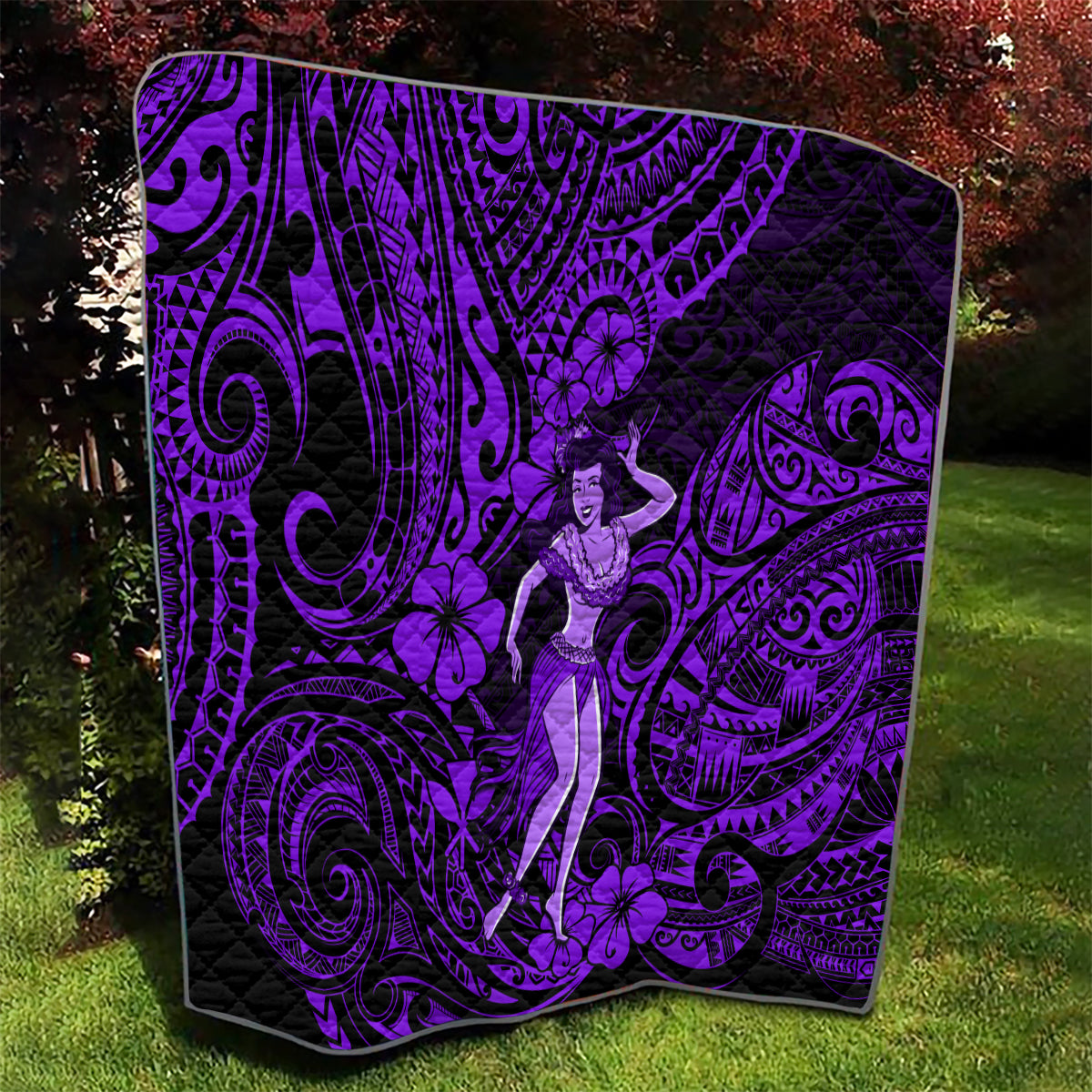 Hawaii Hula Girl Quilt Hibiscus Hawaii Tribal Tattoo Purple Version - Wonder Print Shop