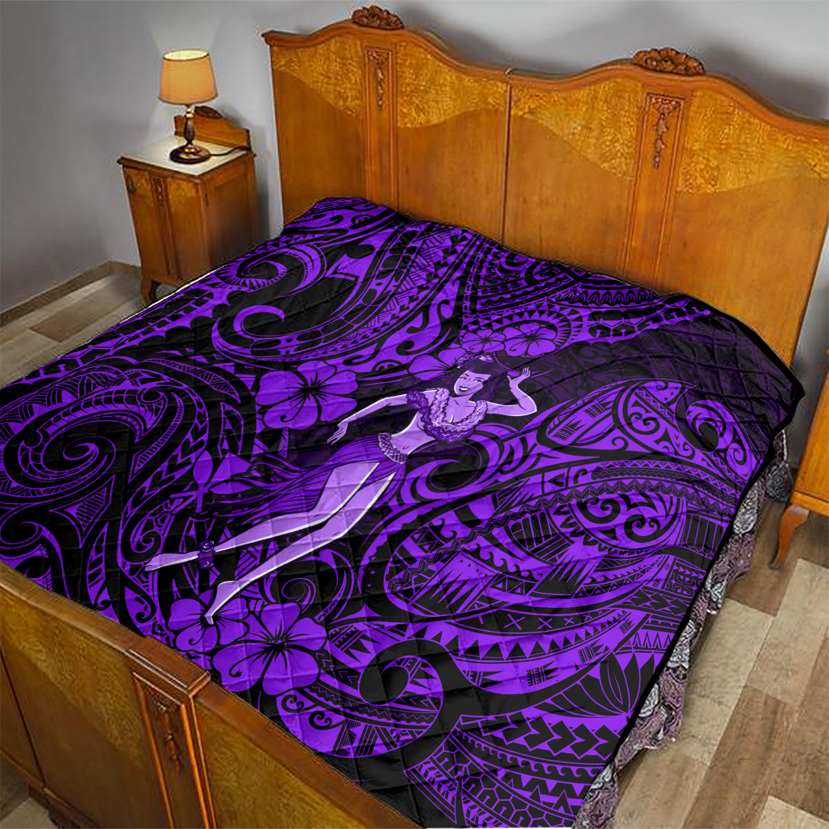 Hawaii Hula Girl Quilt Hibiscus Hawaii Tribal Tattoo Purple Version - Wonder Print Shop