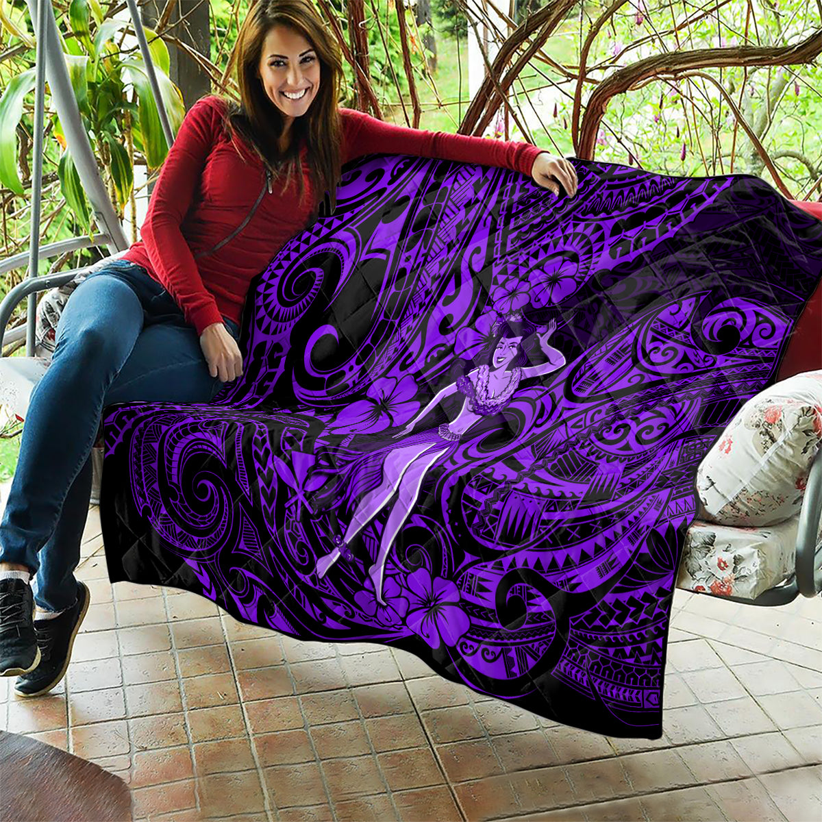 Hawaii Hula Girl Quilt Hibiscus Hawaii Tribal Tattoo Purple Version - Wonder Print Shop