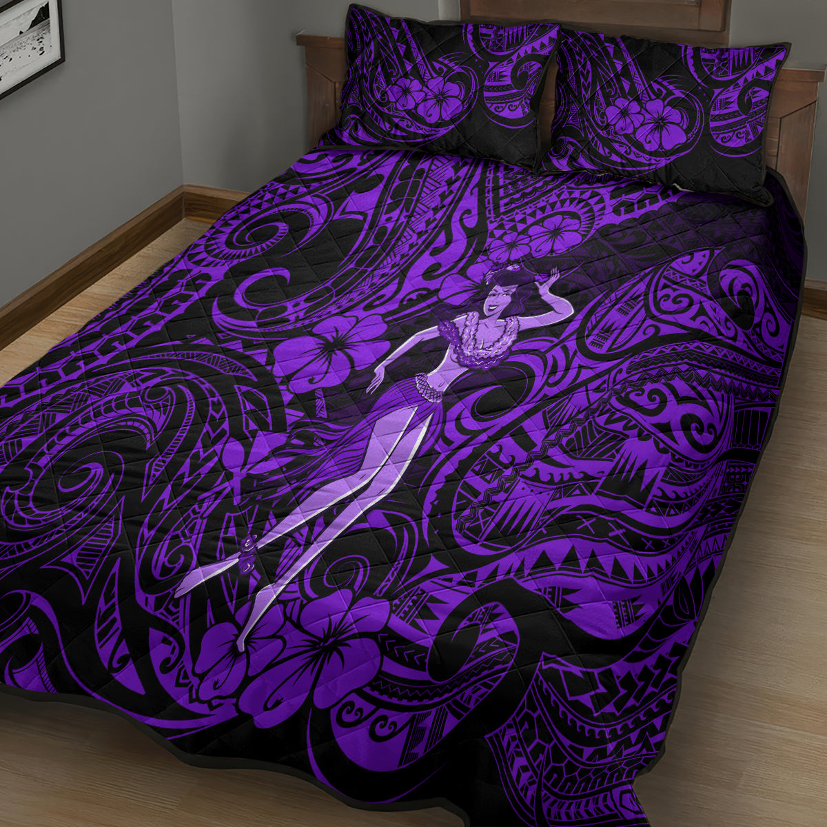 Hawaii Hula Girl Quilt Bed Set Hibiscus Hawaii Tribal Tattoo Purple Version - Wonder Print Shop