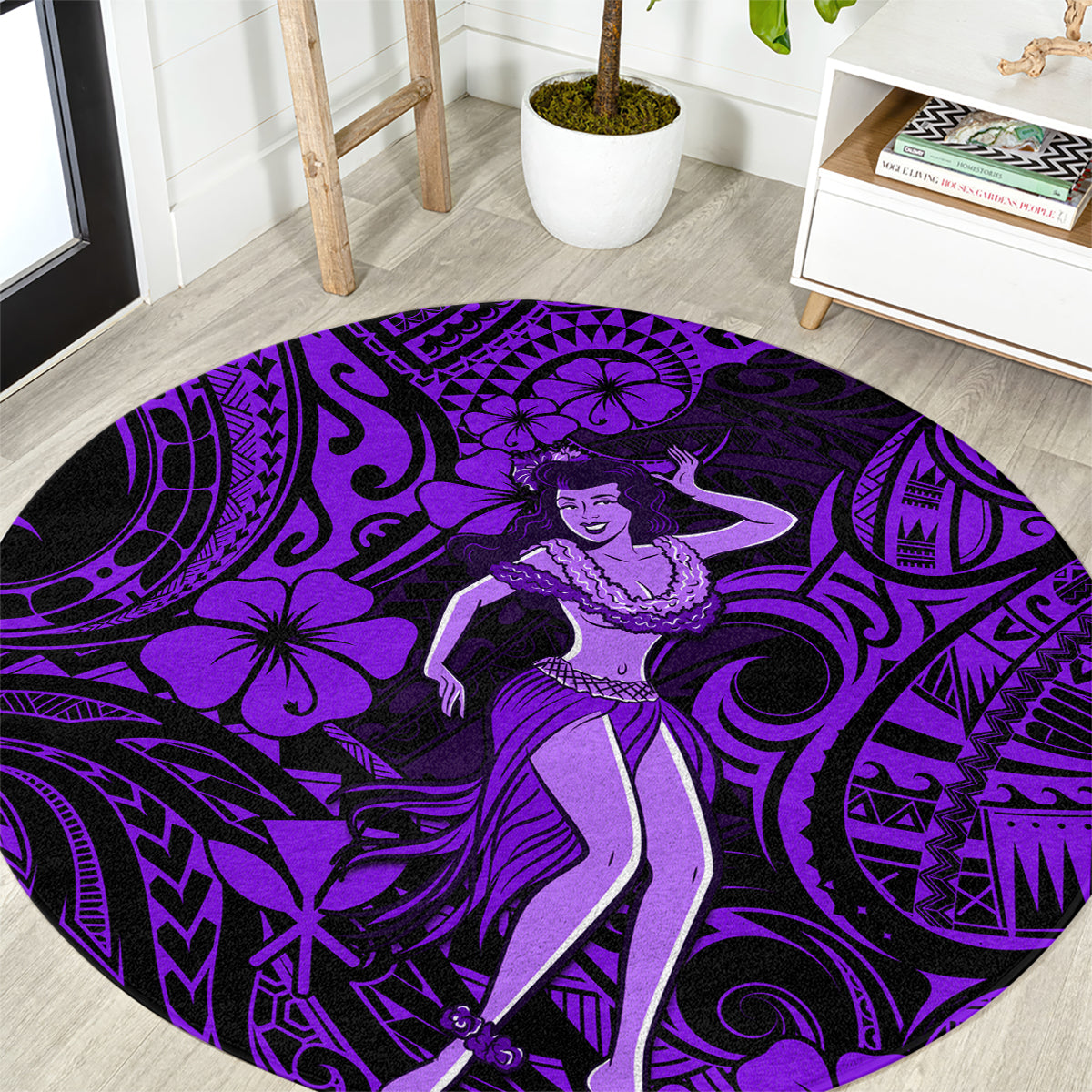 hawaii-hula-girl-round-carpet-hibiscus-hawaii-tribal-tattoo-purple-version