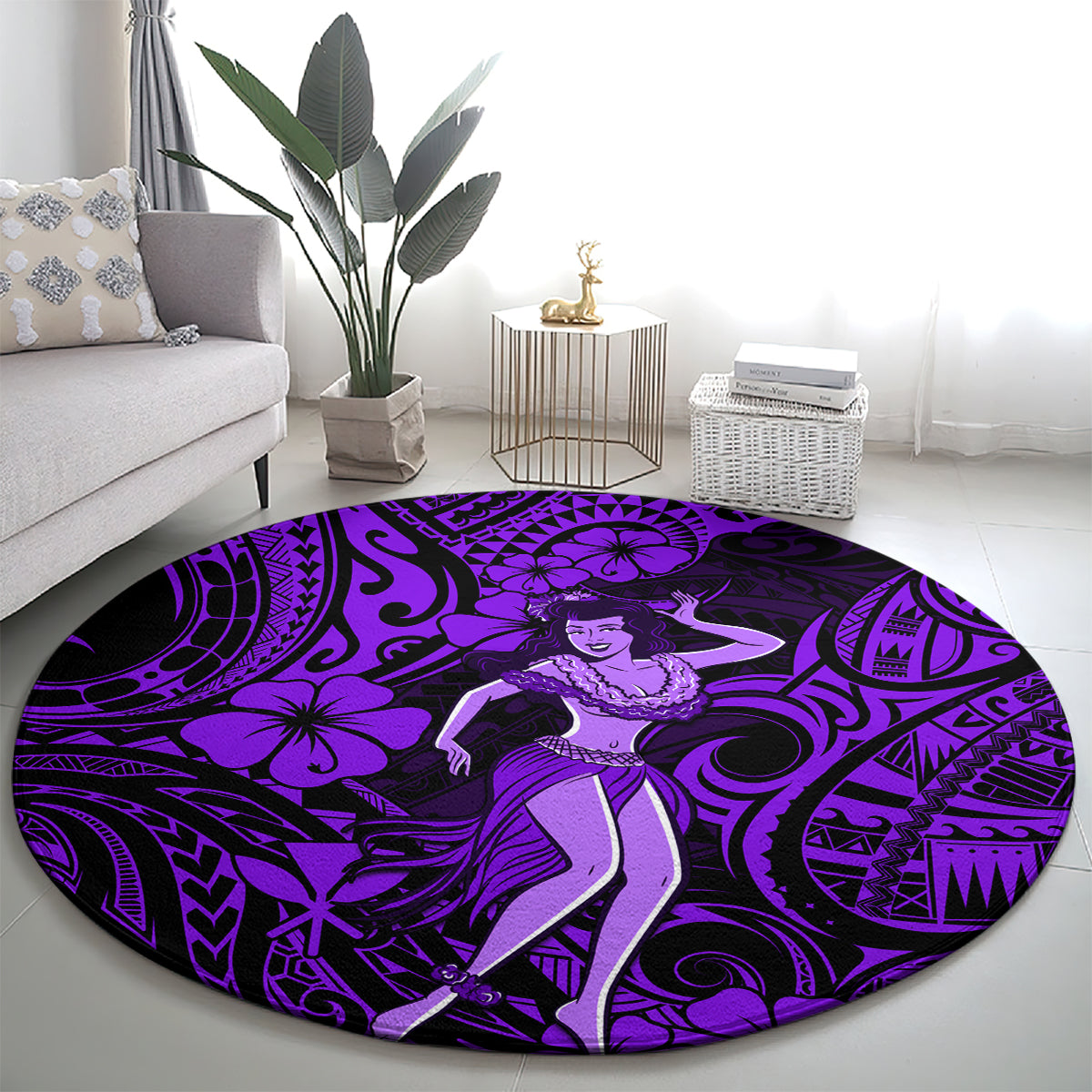 hawaii-hula-girl-round-carpet-hibiscus-hawaii-tribal-tattoo-purple-version