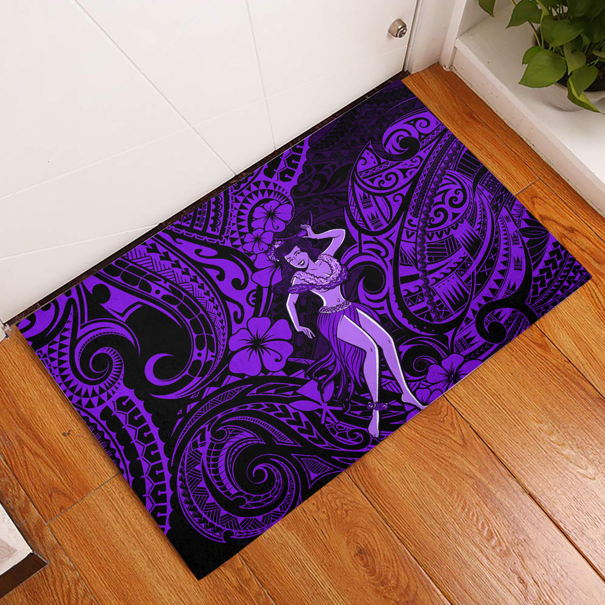 Hawaii Hula Girl Rubber Doormat Hibiscus Hawaii Tribal Tattoo Purple Version - Wonder Print Shop