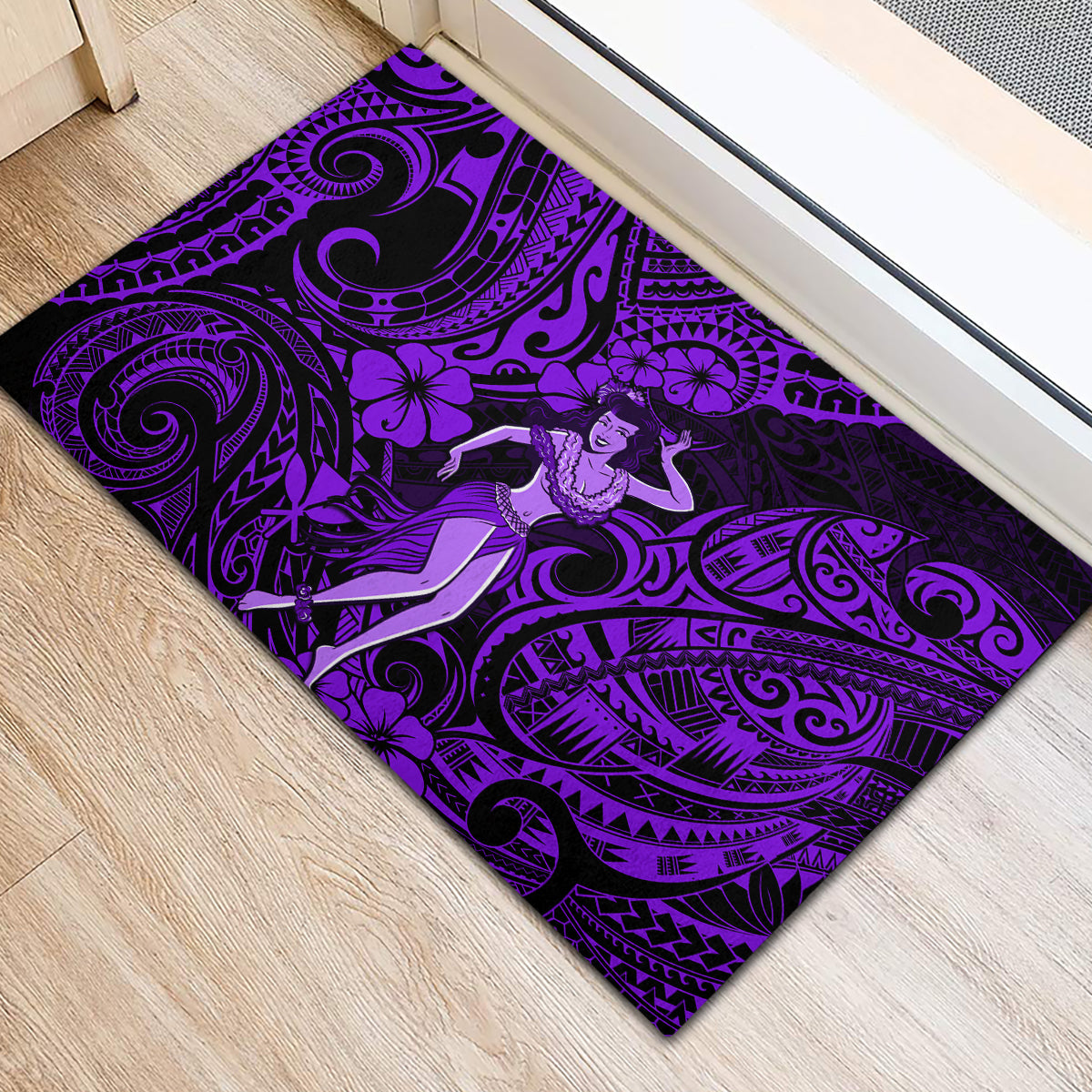 Hawaii Hula Girl Rubber Doormat Hibiscus Hawaii Tribal Tattoo Purple Version - Wonder Print Shop