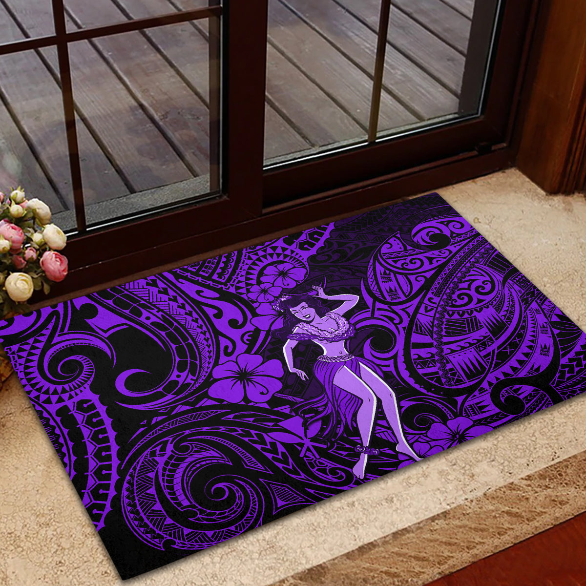 Hawaii Hula Girl Rubber Doormat Hibiscus Hawaii Tribal Tattoo Purple Version - Wonder Print Shop