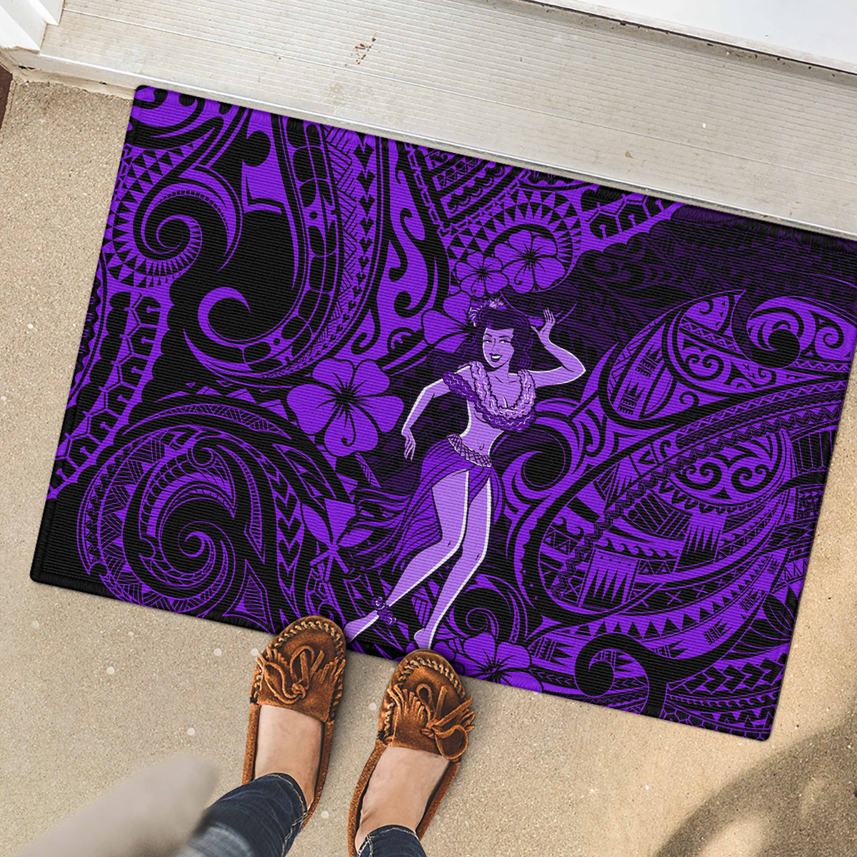 Hawaii Hula Girl Rubber Doormat Hibiscus Hawaii Tribal Tattoo Purple Version - Wonder Print Shop