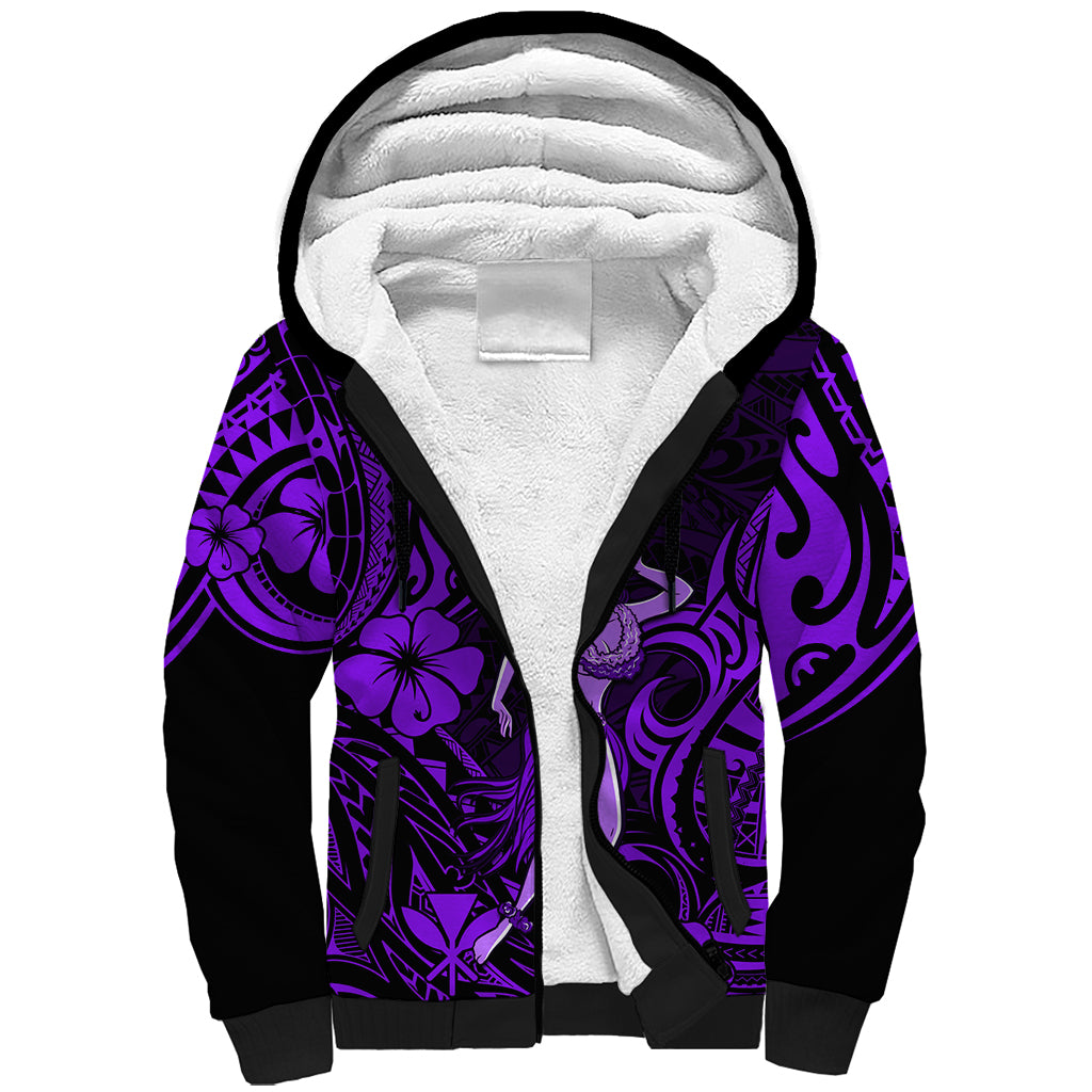 Hawaii Hula Girl Sherpa Hoodie Hibiscus Hawaii Tribal Tattoo Purple Version - Wonder Print Shop