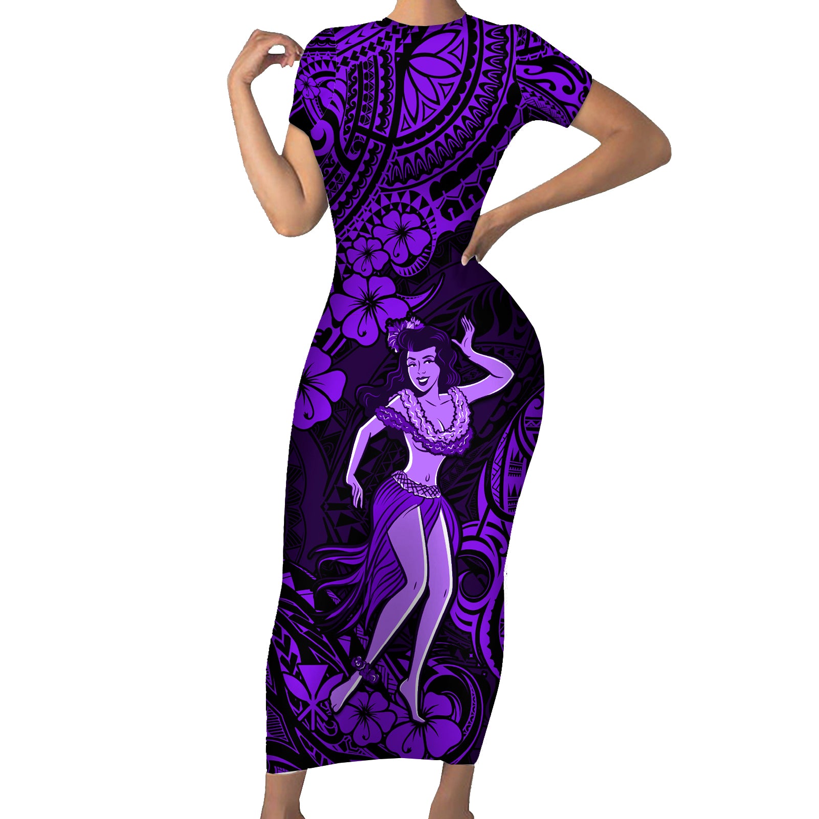 Hawaii Hula Girl Short Sleeve Bodycon Dress Hibiscus Hawaii Tribal Tattoo Purple Version - Wonder Print Shop