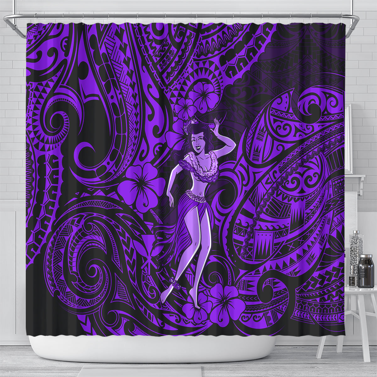 hawaii-hula-girl-shower-curtain-hibiscus-hawaii-tribal-tattoo-purple-version