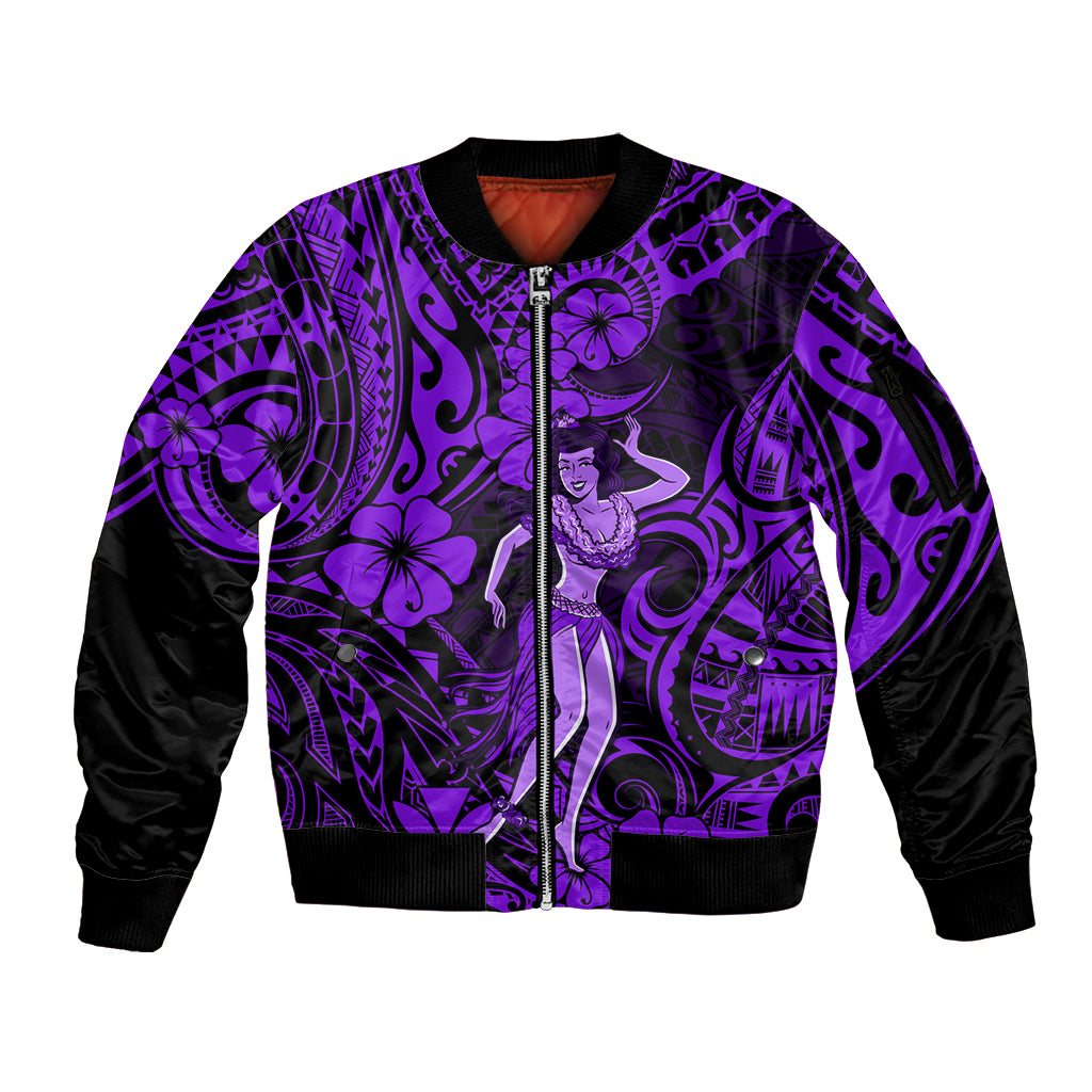 Hawaii Hula Girl Sleeve Zip Bomber Jacket Hibiscus Hawaii Tribal Tattoo Purple Version - Wonder Print Shop