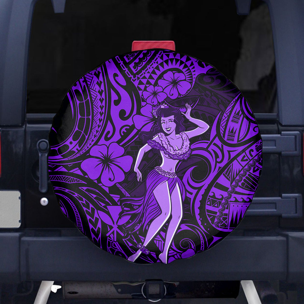 Hawaii Hula Girl Spare Tire Cover Hibiscus Hawaii Tribal Tattoo Purple Version - Wonder Print Shop