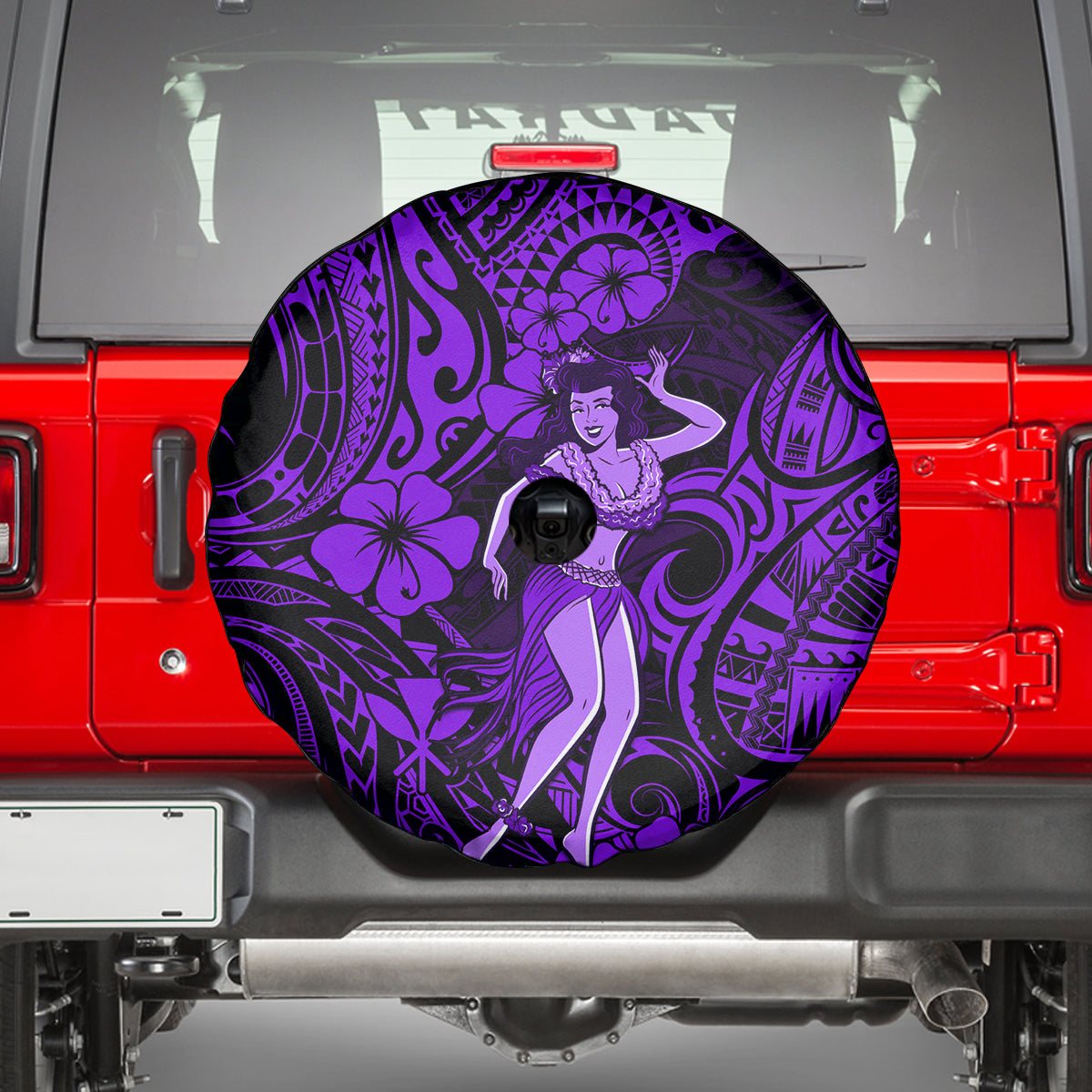 Hawaii Hula Girl Spare Tire Cover Hibiscus Hawaii Tribal Tattoo Purple Version - Wonder Print Shop
