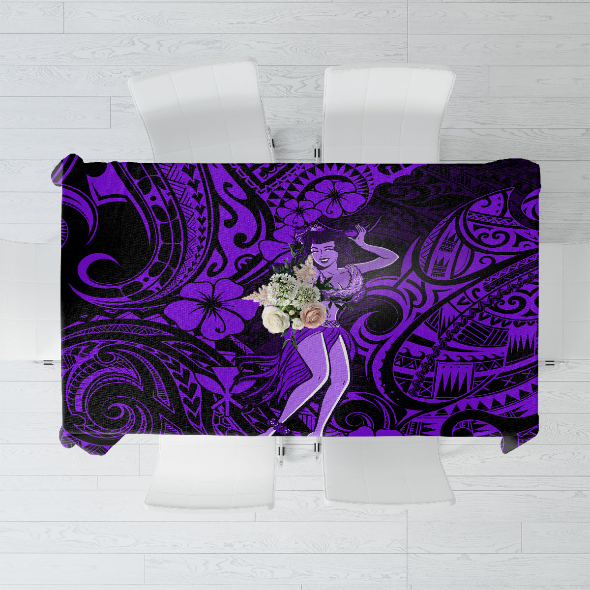 Hawaii Hula Girl Tablecloth Hibiscus Hawaii Tribal Tattoo Purple Version - Wonder Print Shop