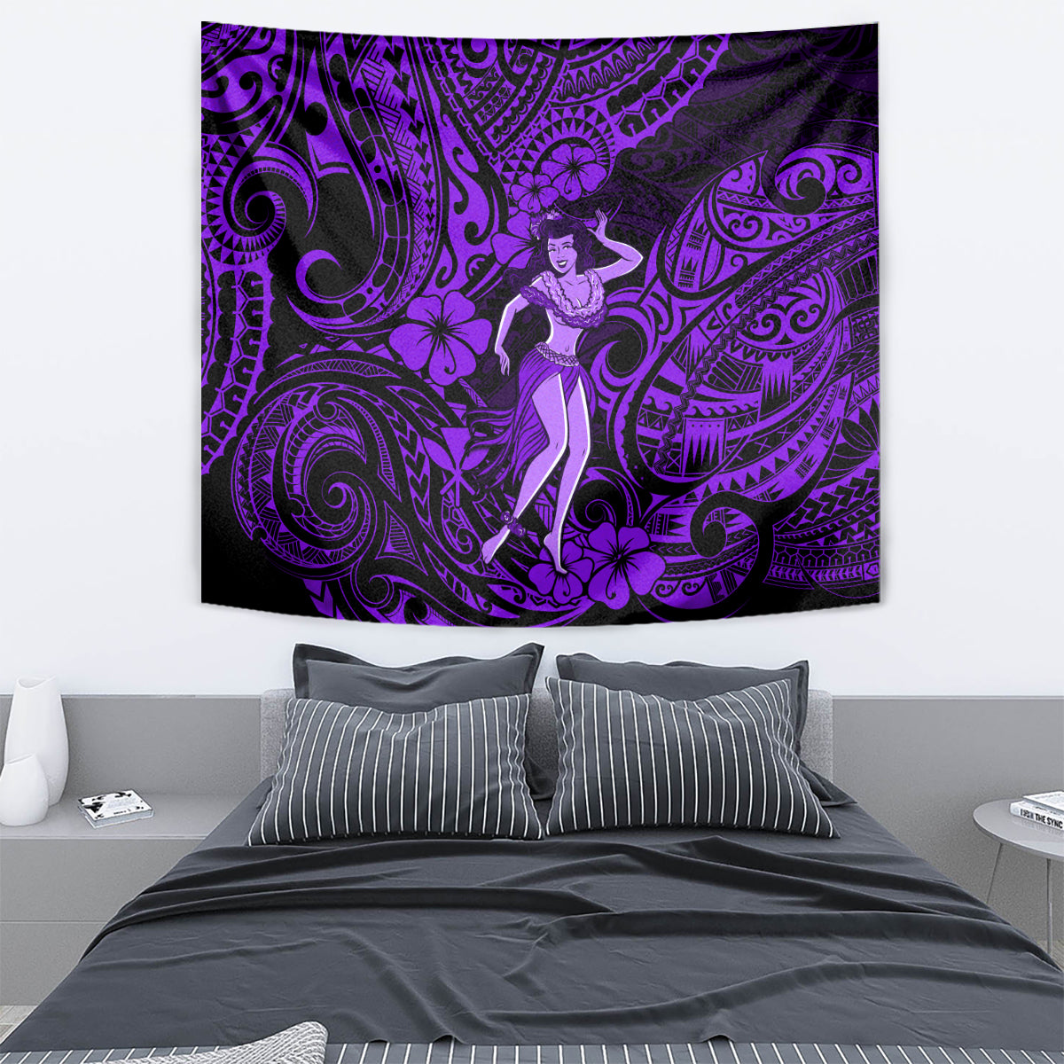Hawaii Hula Girl Tapestry Hibiscus Hawaii Tribal Tattoo Purple Version - Wonder Print Shop