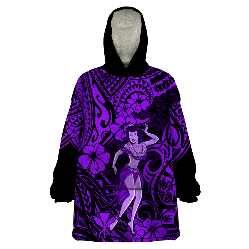 Hawaii Hula Girl Wearable Blanket Hoodie Hibiscus Hawaii Tribal Tattoo Purple Version - Wonder Print Shop