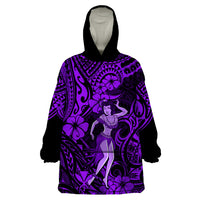 Hawaii Hula Girl Wearable Blanket Hoodie Hibiscus Hawaii Tribal Tattoo Purple Version - Wonder Print Shop