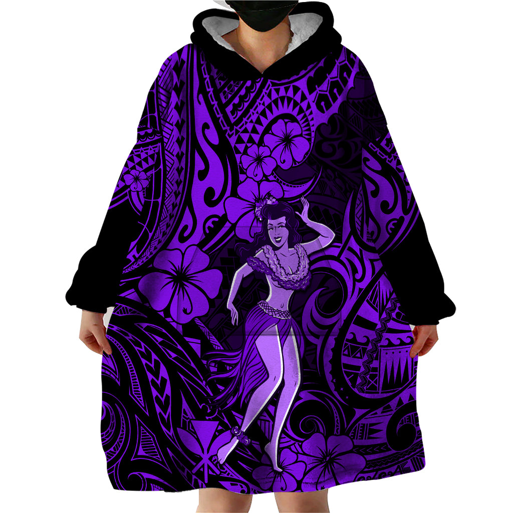 Hawaii Hula Girl Wearable Blanket Hoodie Hibiscus Hawaii Tribal Tattoo Purple Version - Wonder Print Shop