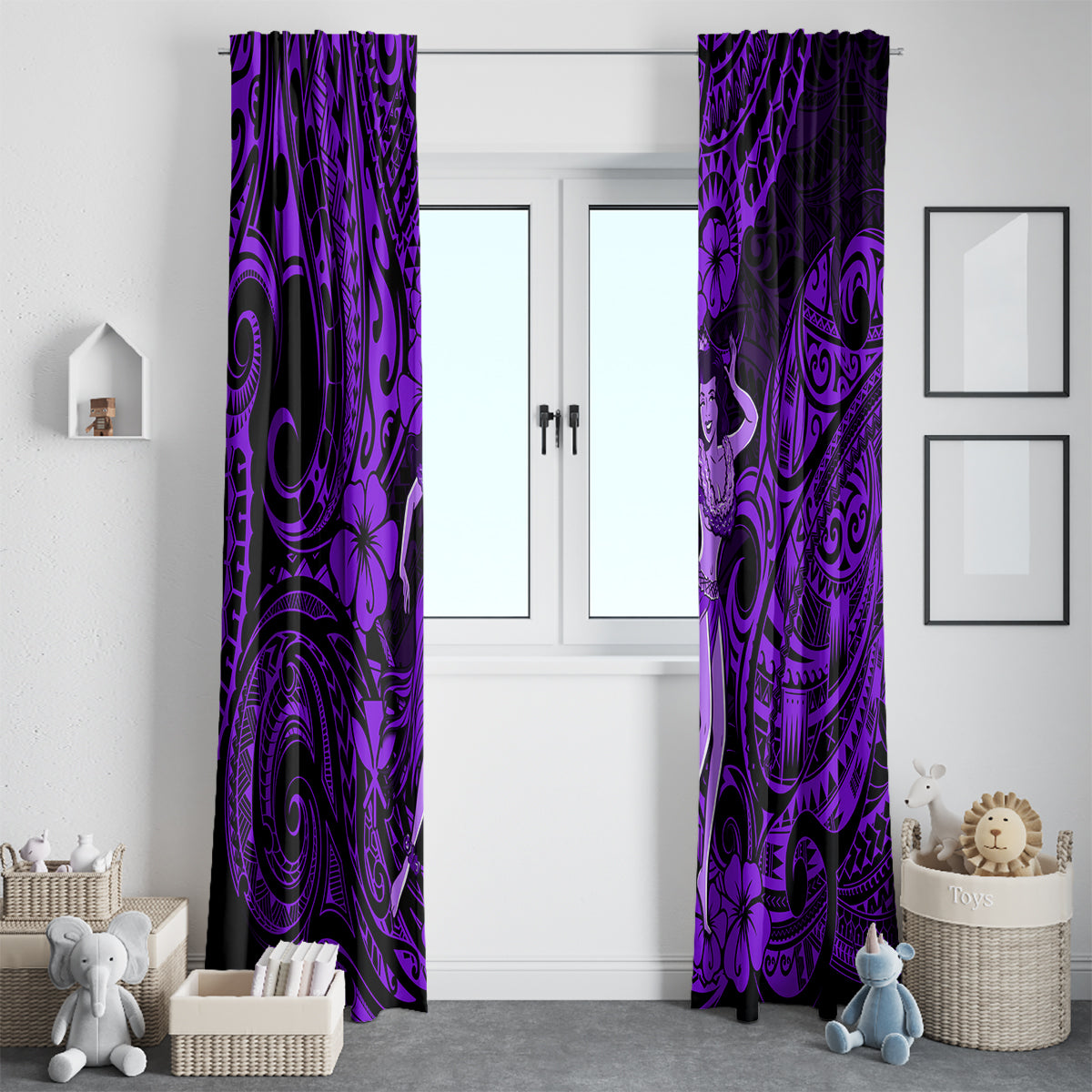 Hawaii Hula Girl Window Curtain Hibiscus Hawaii Tribal Tattoo Purple Version - Wonder Print Shop