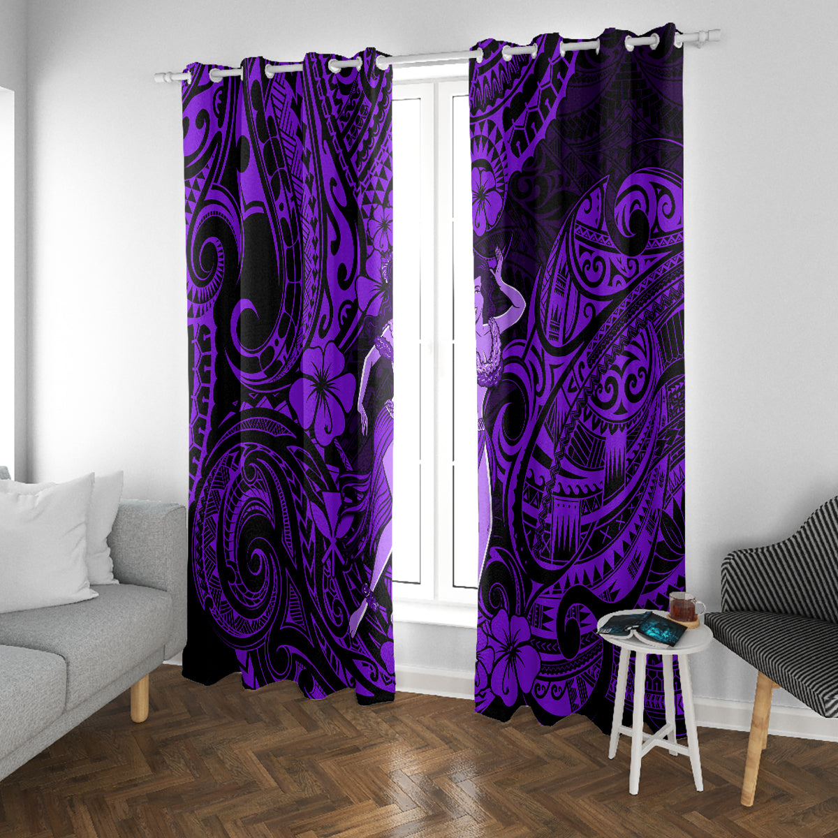 Hawaii Hula Girl Window Curtain Hibiscus Hawaii Tribal Tattoo Purple Version - Wonder Print Shop