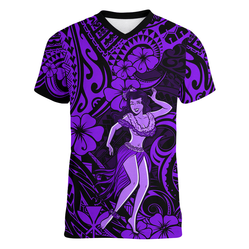 Hawaii Hula Girl Women V Neck T Shirt Hibiscus Hawaii Tribal Tattoo Purple Version - Wonder Print Shop