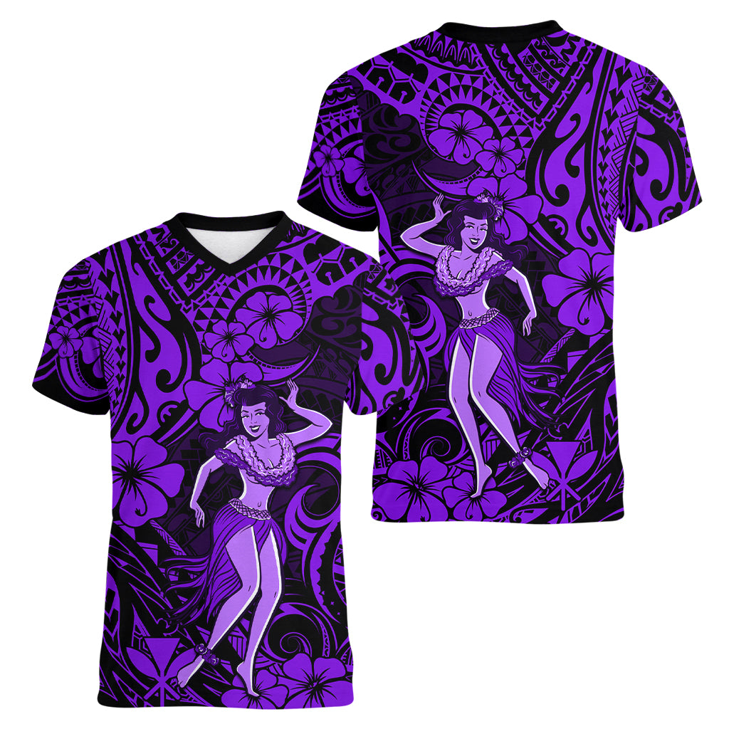 Hawaii Hula Girl Women V Neck T Shirt Hibiscus Hawaii Tribal Tattoo Purple Version - Wonder Print Shop