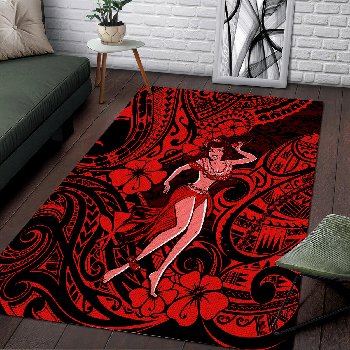 Hawaii Hula Girl Area Rug Hibiscus Hawaii Tribal Tattoo Red Version - Wonder Print Shop