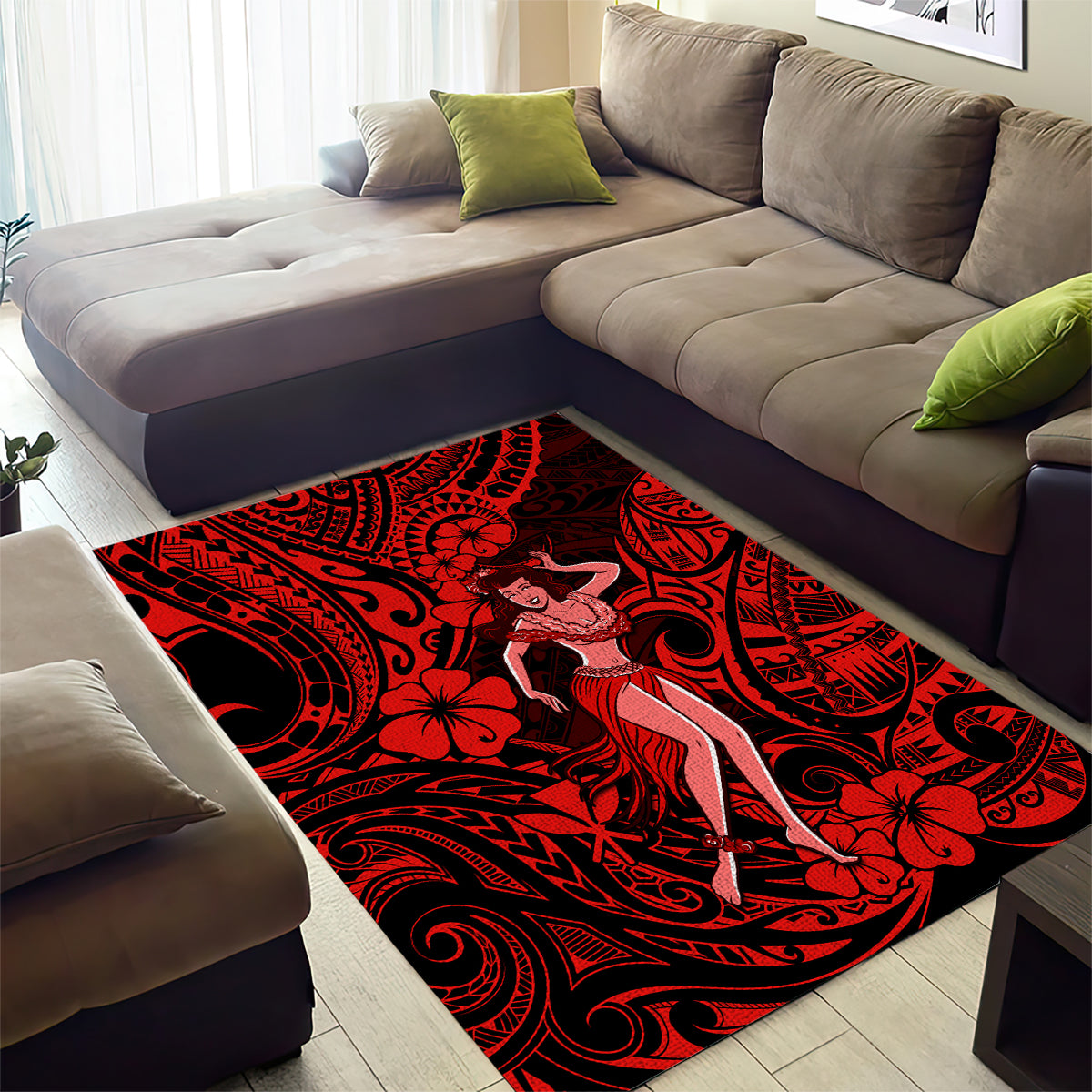 Hawaii Hula Girl Area Rug Hibiscus Hawaii Tribal Tattoo Red Version - Wonder Print Shop