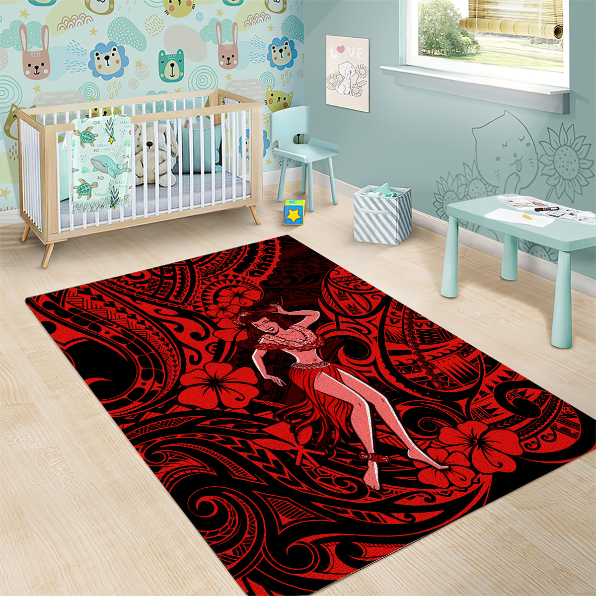 Hawaii Hula Girl Area Rug Hibiscus Hawaii Tribal Tattoo Red Version - Wonder Print Shop