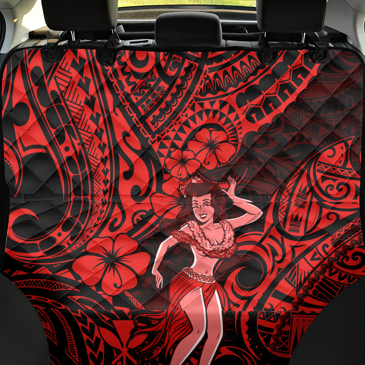 Hawaii Hula Girl Back Car Seat Cover Hibiscus Hawaii Tribal Tattoo Red Version - Wonder Print Shop