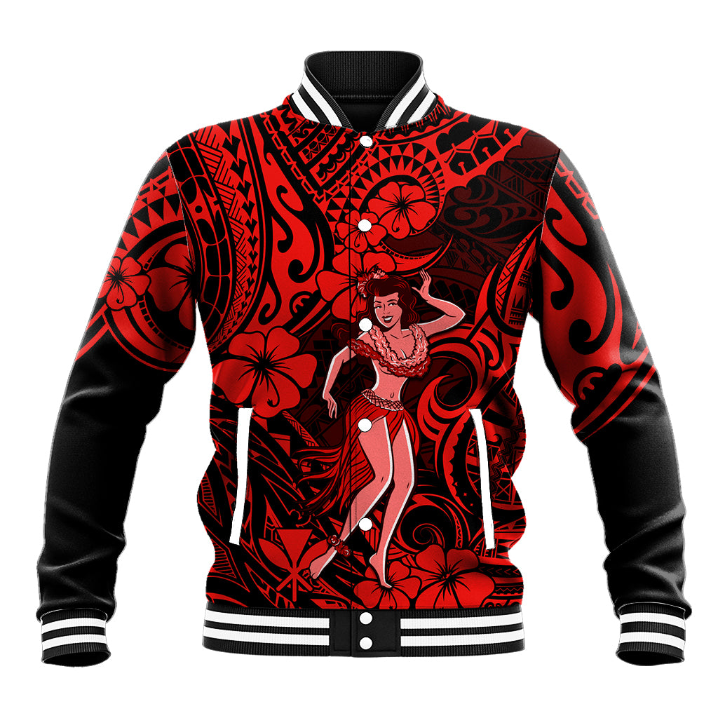 Hawaii Hula Girl Baseball Jacket Hibiscus Hawaii Tribal Tattoo Red Version - Wonder Print Shop