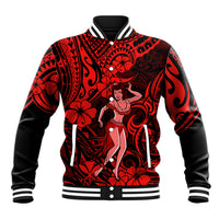 Hawaii Hula Girl Baseball Jacket Hibiscus Hawaii Tribal Tattoo Red Version - Wonder Print Shop