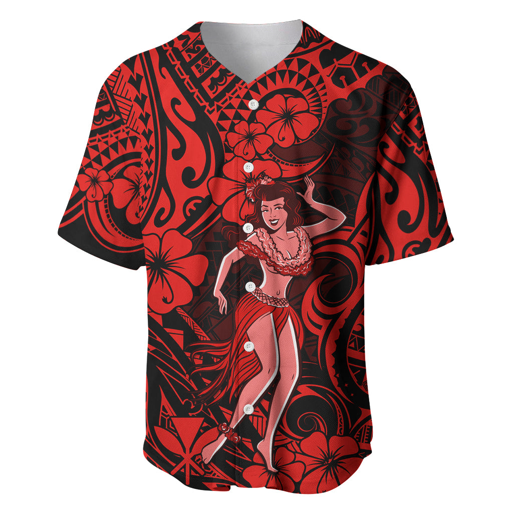 Hawaii Hula Girl Baseball Jersey Hibiscus Hawaii Tribal Tattoo Red Version - Wonder Print Shop