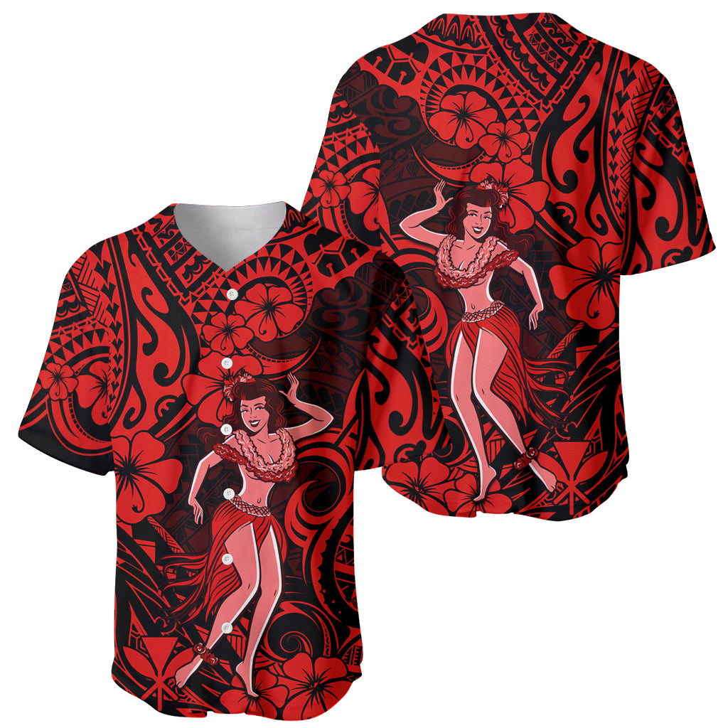 Hawaii Hula Girl Baseball Jersey Hibiscus Hawaii Tribal Tattoo Red Version - Wonder Print Shop