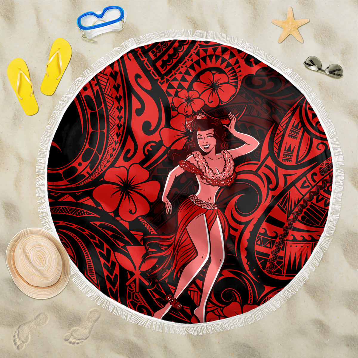 Hawaii Hula Girl Beach Blanket Hibiscus Hawaii Tribal Tattoo Red Version - Wonder Print Shop