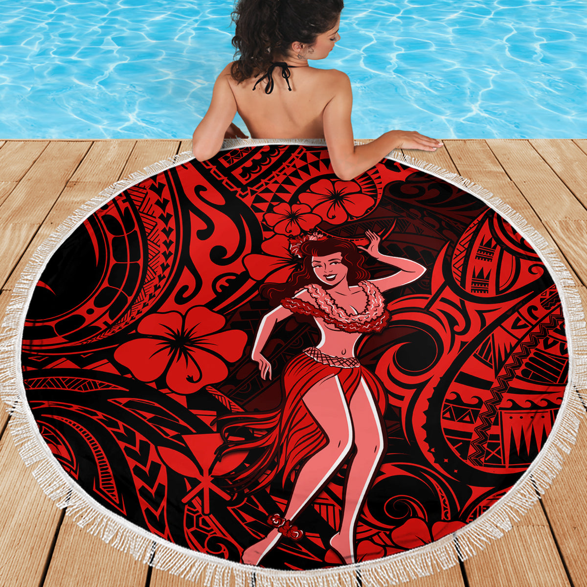 Hawaii Hula Girl Beach Blanket Hibiscus Hawaii Tribal Tattoo Red Version - Wonder Print Shop