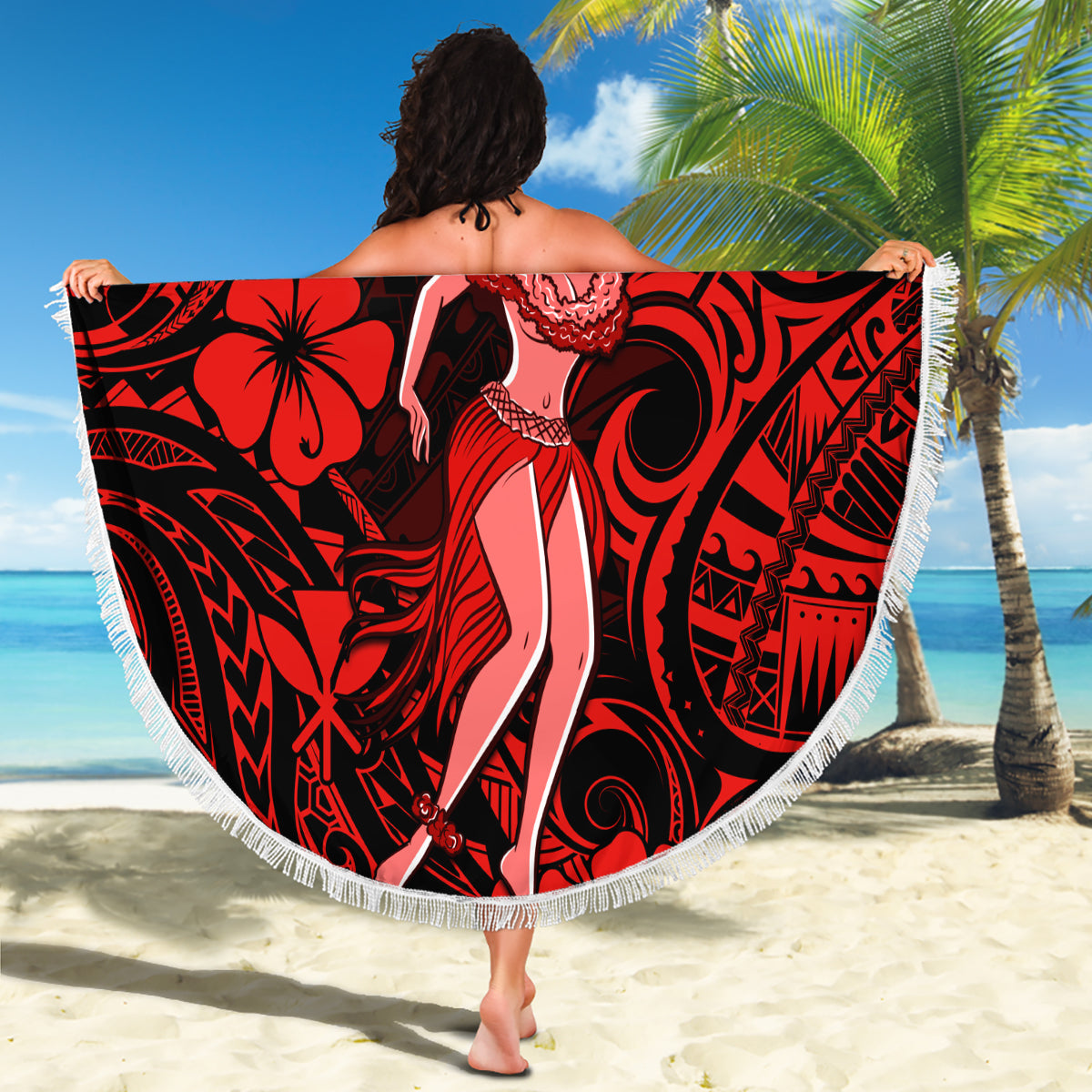 Hawaii Hula Girl Beach Blanket Hibiscus Hawaii Tribal Tattoo Red Version - Wonder Print Shop