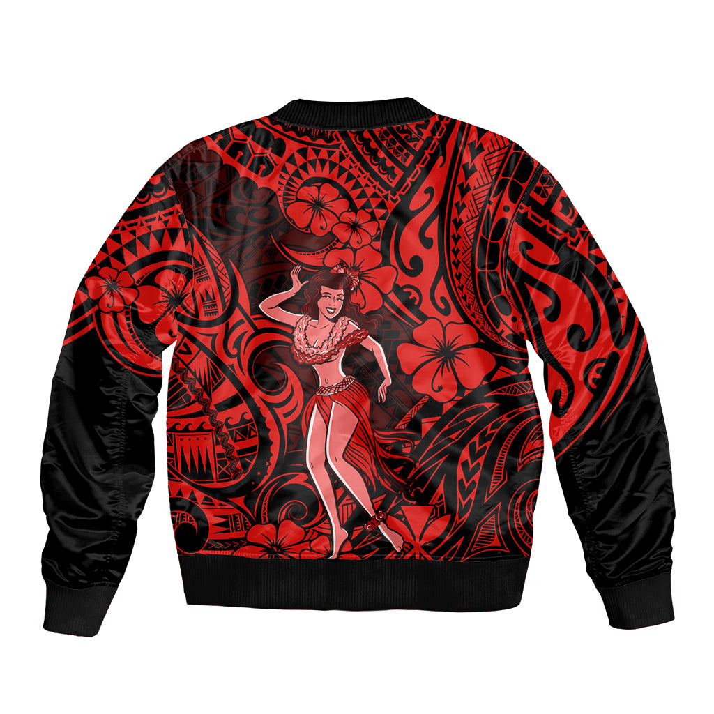 Hawaii Hula Girl Bomber Jacket Hibiscus Hawaii Tribal Tattoo Red Version - Wonder Print Shop