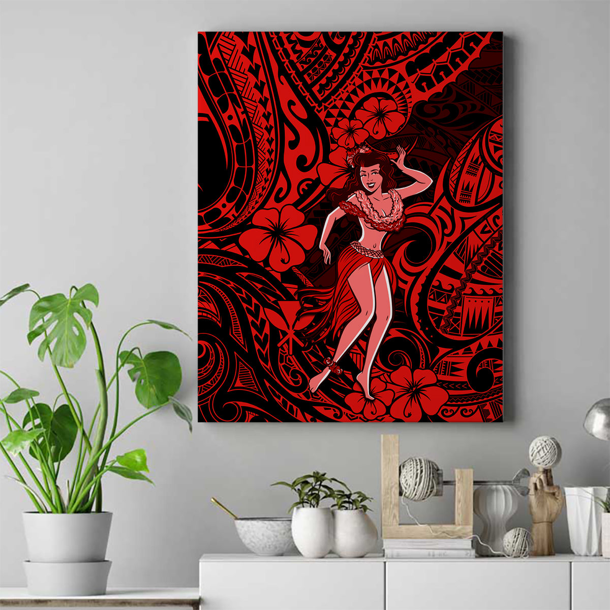 Hawaii Hula Girl Canvas Wall Art Hibiscus Hawaii Tribal Tattoo Red Version - Wonder Print Shop