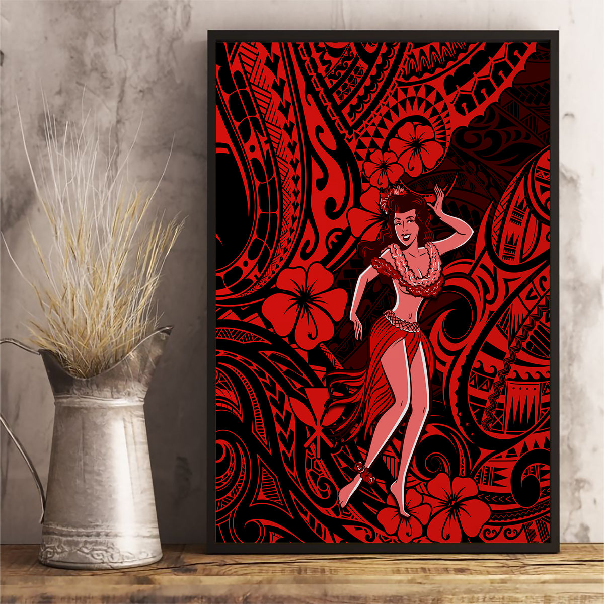 Hawaii Hula Girl Canvas Wall Art Hibiscus Hawaii Tribal Tattoo Red Version - Wonder Print Shop