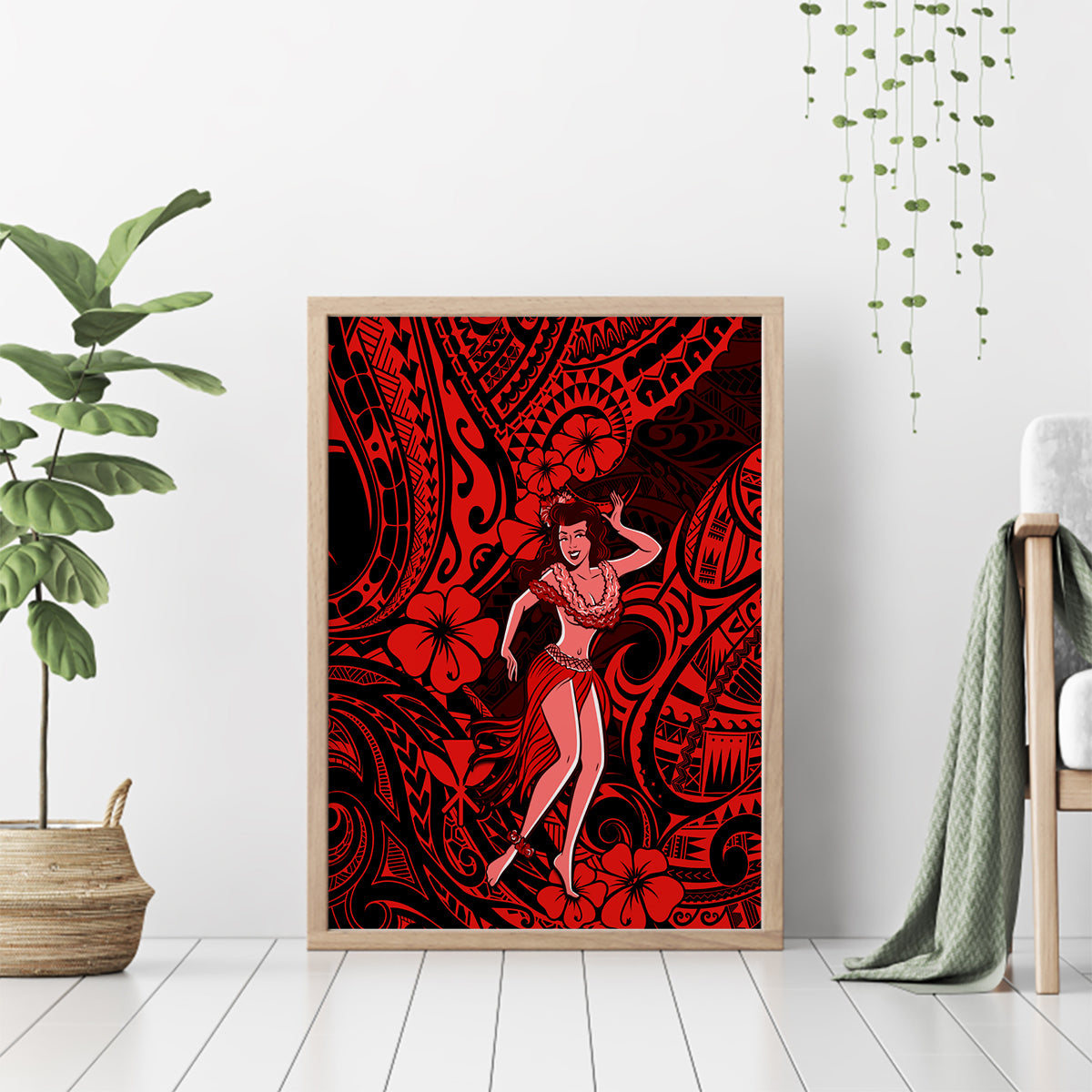 Hawaii Hula Girl Canvas Wall Art Hibiscus Hawaii Tribal Tattoo Red Version - Wonder Print Shop